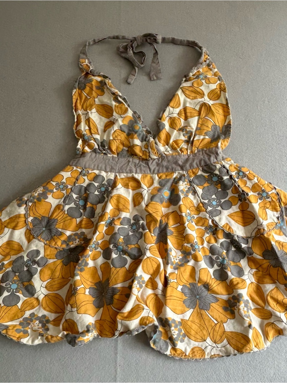 70s Retro Vintage Floral Apron w/Pockets Yellow Gray 100% Cotton Simply Envogue